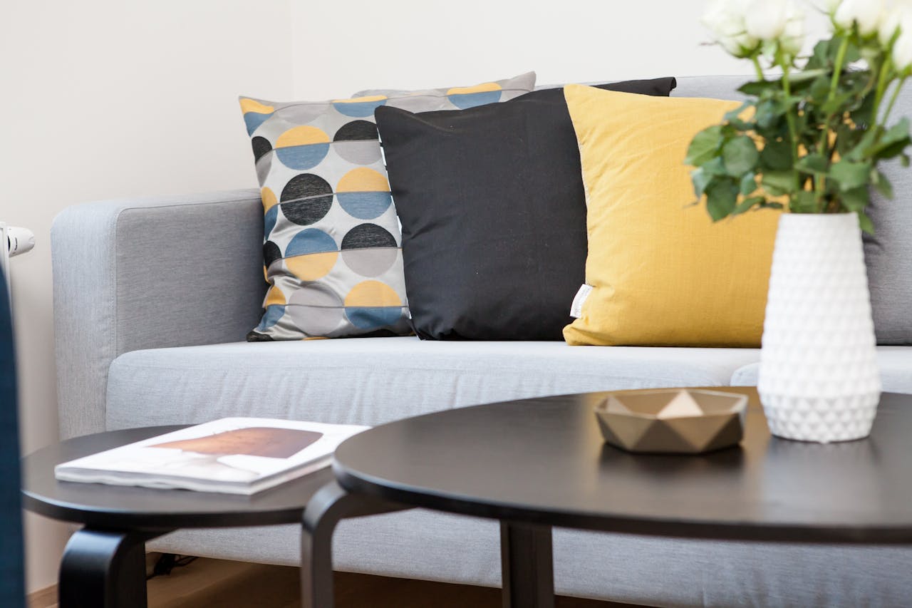 my-qualifications Contemporary living room interior featuring a stylish sofa, decorative pillows, and a vase of flowers.