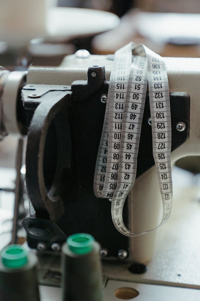 my-steps Close-up of a sewing machine with measuring tape in a workshop, highlighting tailoring tools.